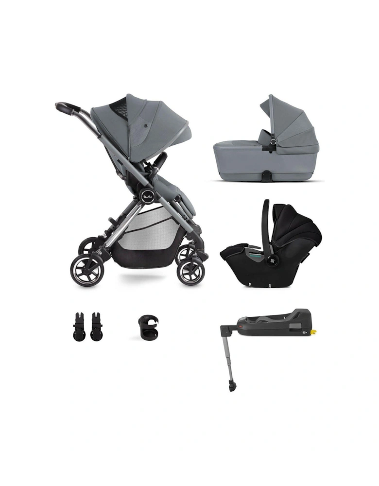 Silver Cross Dune Compact Pushchair Travel Pack - Car Seat, Base, Cup Holder, Adaptors & Folding Carry Cot - Glacier