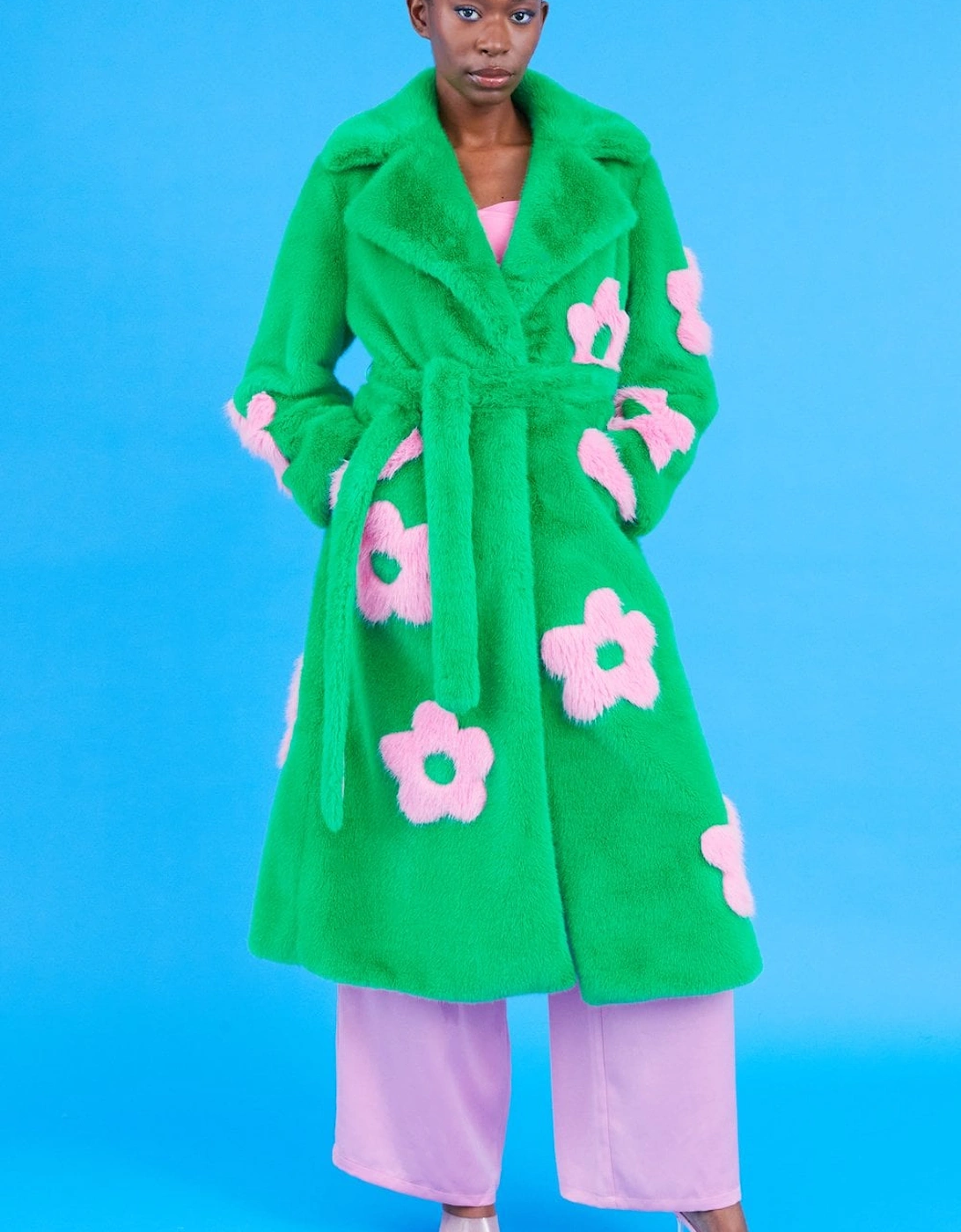 Eco Bamboo Green Faux Fur Coat with Pink Flower Detailing, 5 of 4