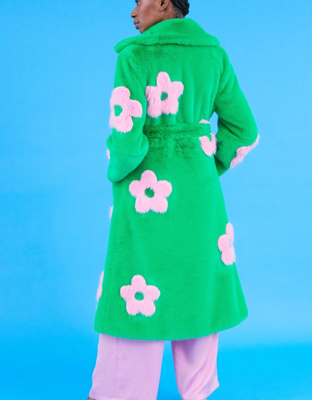 Eco Bamboo Green Faux Fur Coat with Pink Flower Detailing