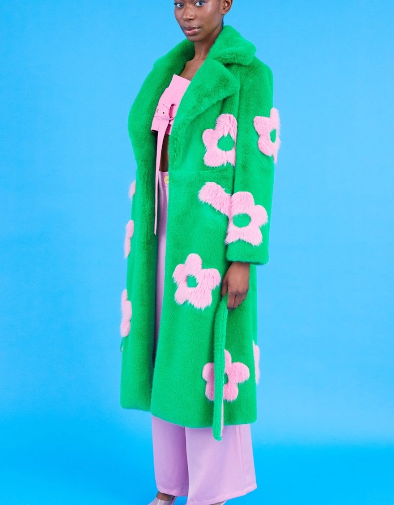 Eco Bamboo Green Faux Fur Coat with Pink Flower Detailing