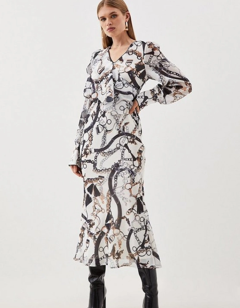 Chain Print Draped Front Bias Midi Dress