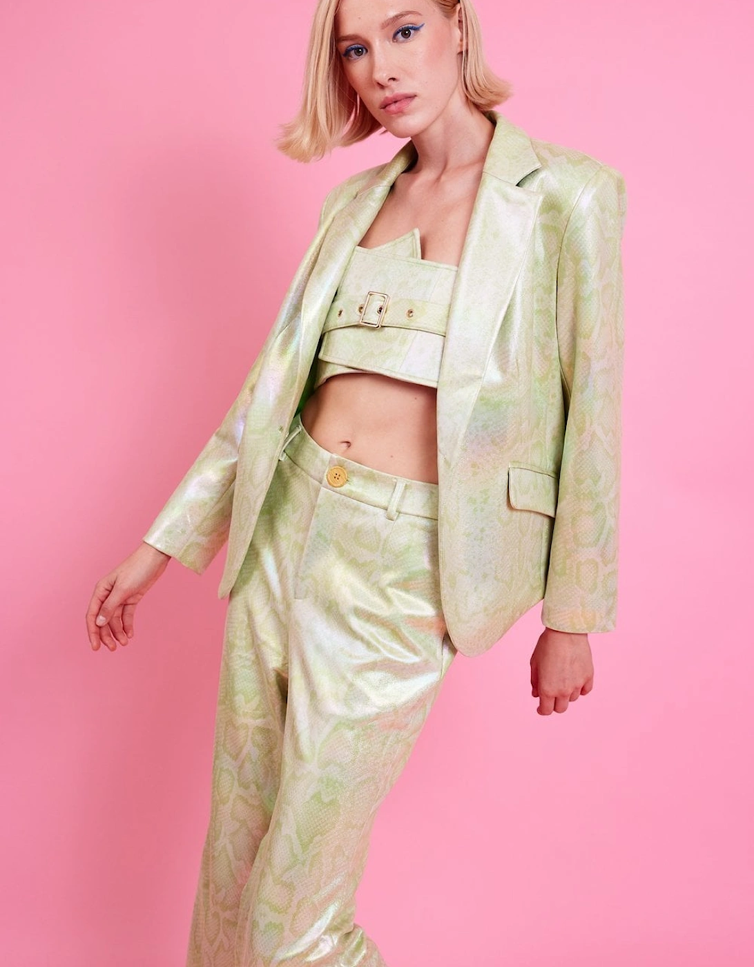 Faux leather Mint Green Metallic Blazer, 5 of 4