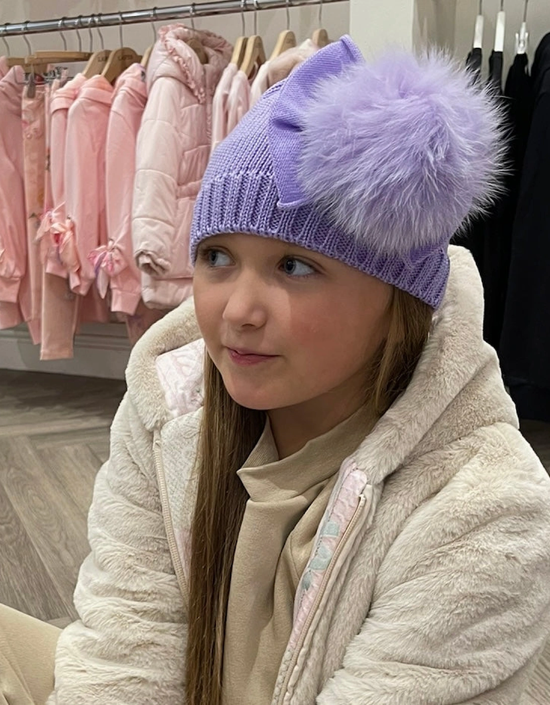 Girls Lilac Marino Wool Fur Pom & Bow Hat