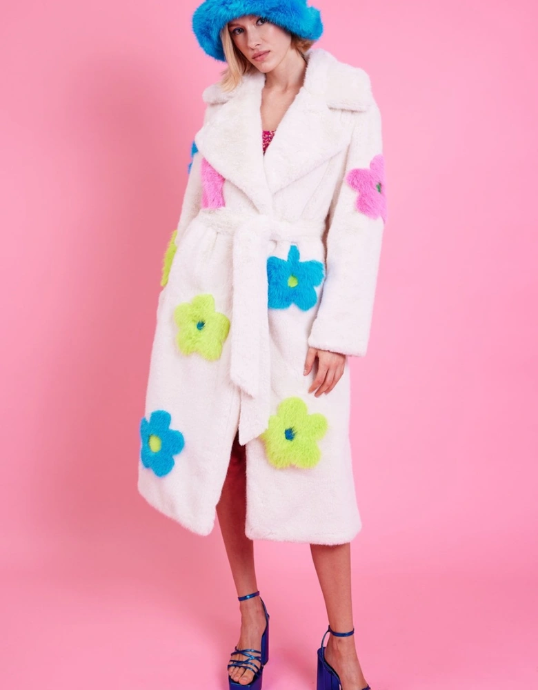 Eco Bamboo Faux Fur Coat with Bright Flower Detailing