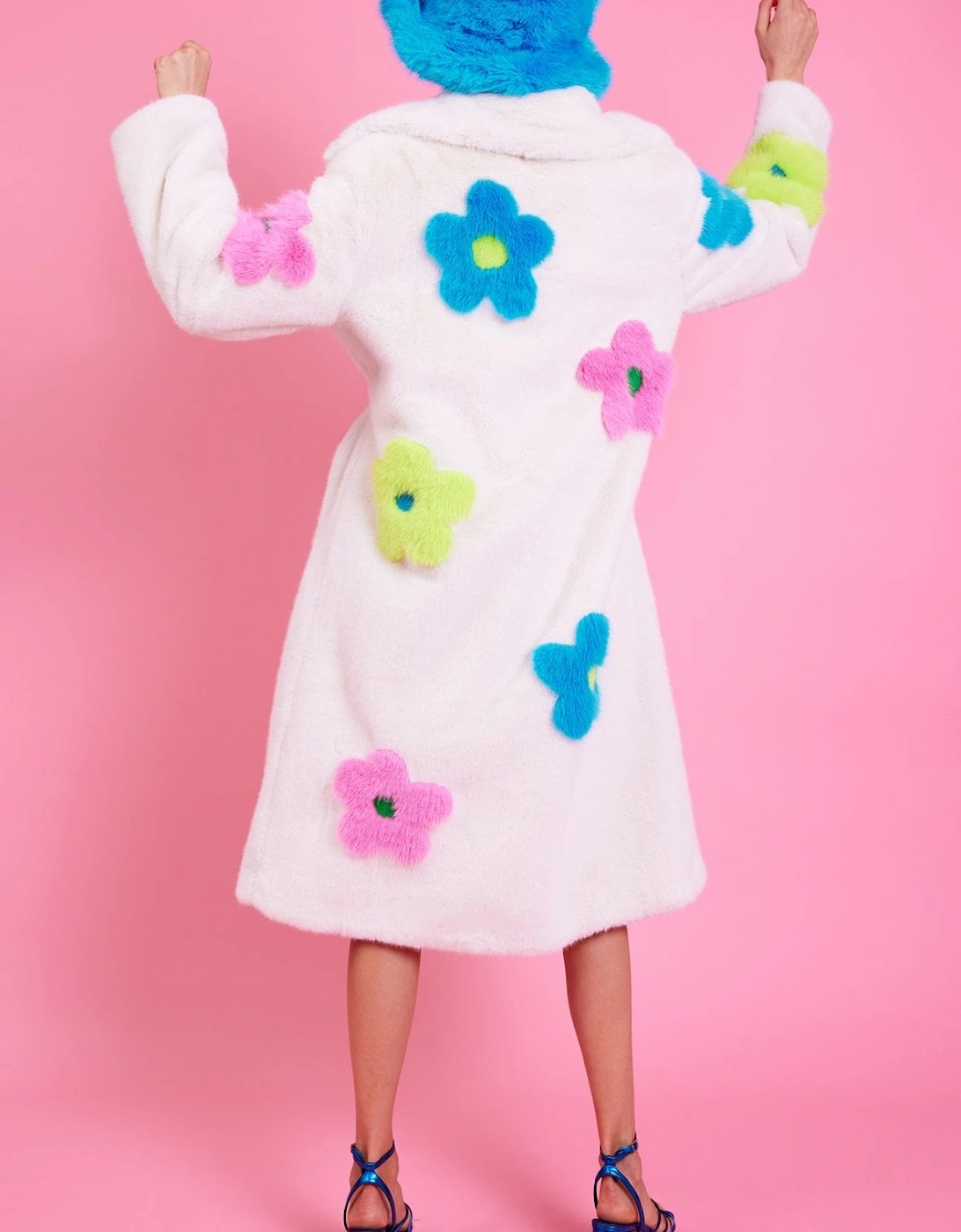 Eco Bamboo Faux Fur Coat with Bright Flower Detailing