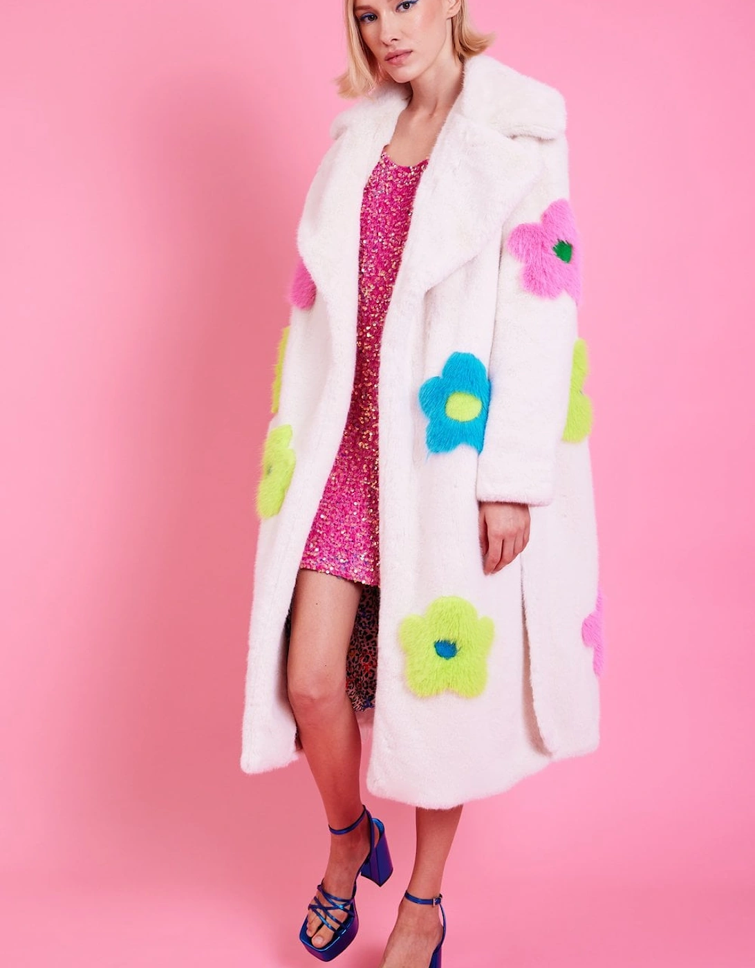 Eco Bamboo Faux Fur Coat with Bright Flower Detailing
