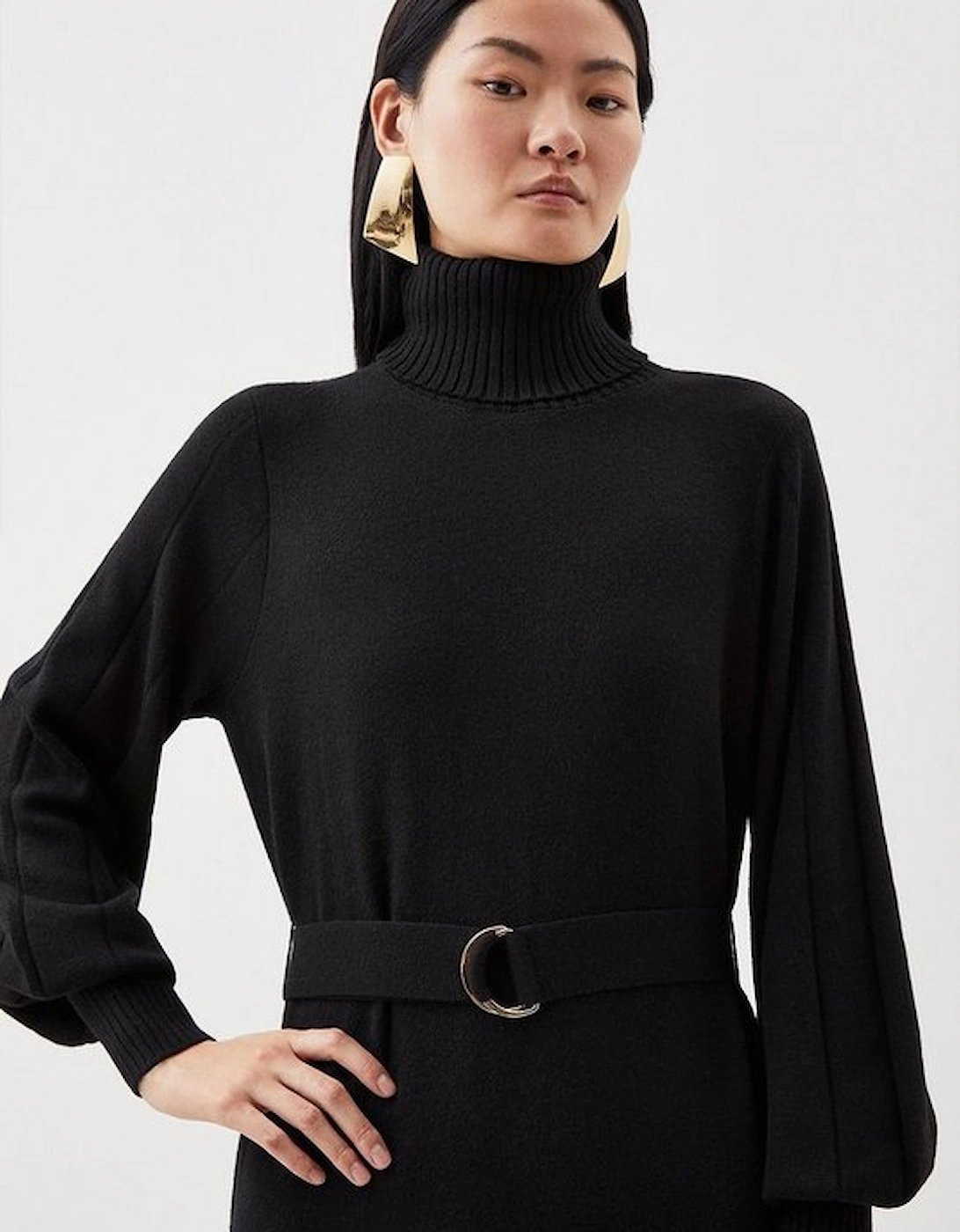 Wool Blend Full Sleeve Belted Funnel Knit Neck Midaxi Dress