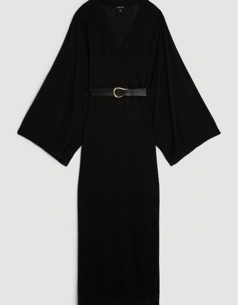 Cashmere Blend V Neck Drama Sleeve Midaxi Knit Dress