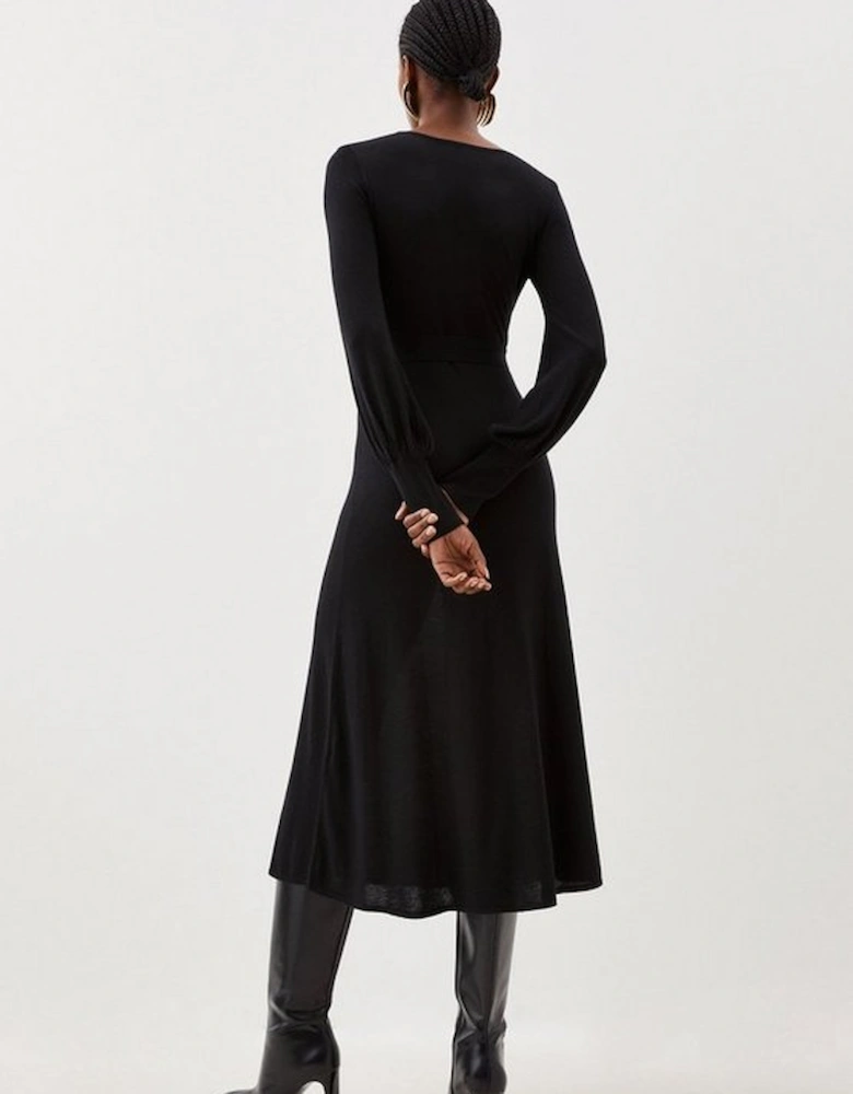 Cashmere Blend Wrap Full Sleeve Belted Knit Midi Dress