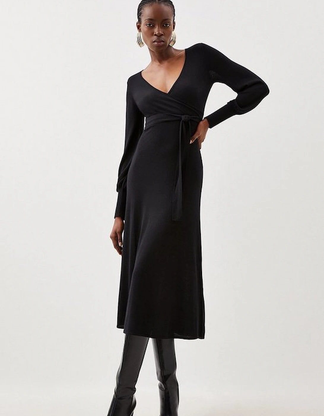 Cashmere Blend Wrap Full Sleeve Belted Knit Midi Dress, 5 of 4