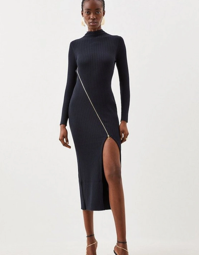 Viscose Blend Rib Knit Zip Detail Asymmetric Dress