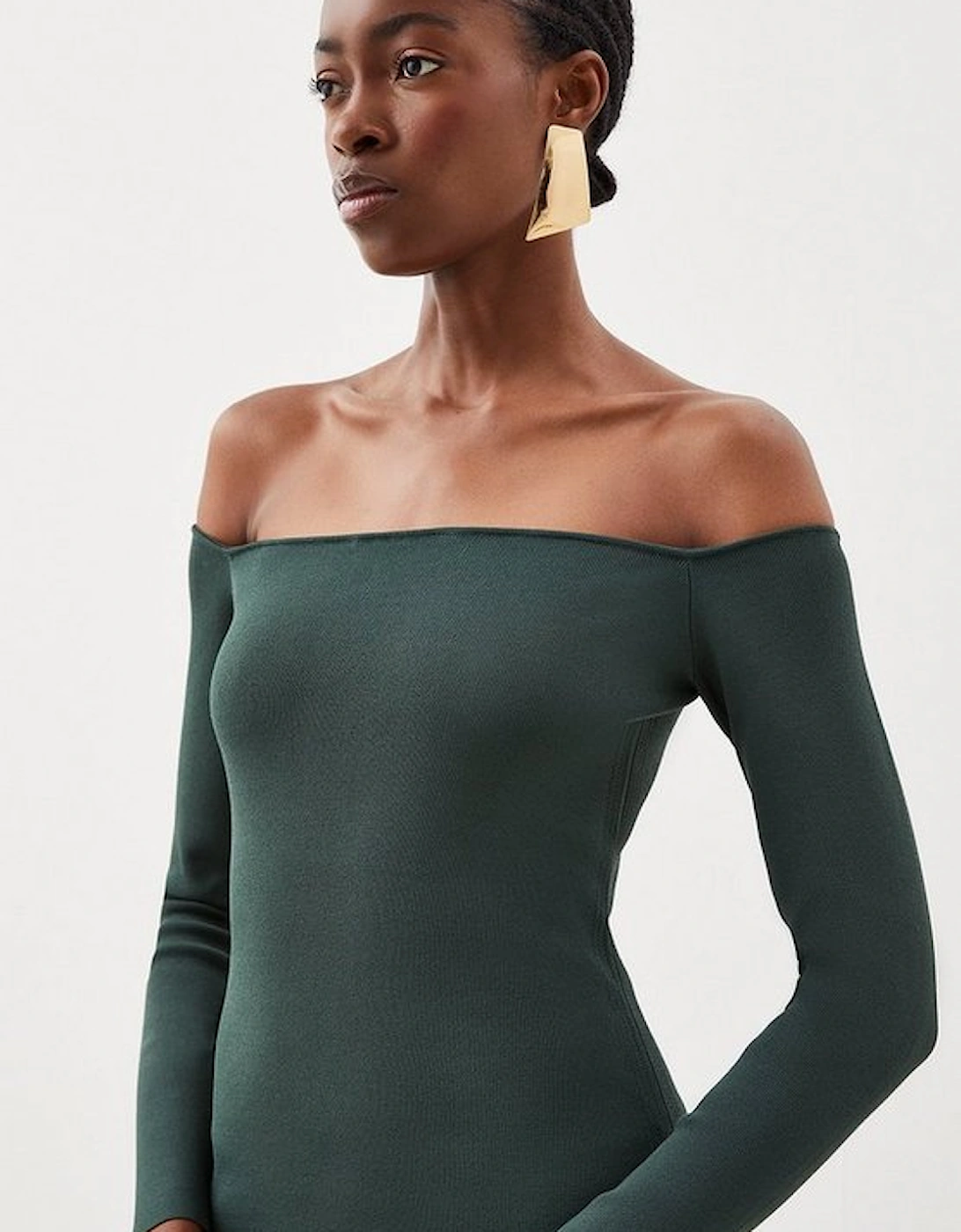 Premium Viscose Blend Body Contouring Bardot Knit Midi Dress