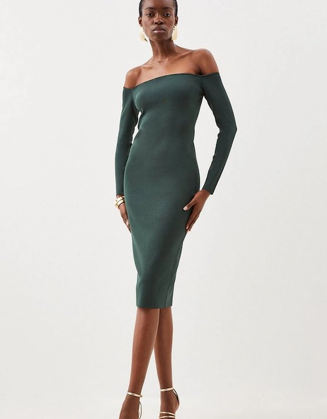 Premium Viscose Blend Body Contouring Bardot Knit Midi Dress, 5 of 4