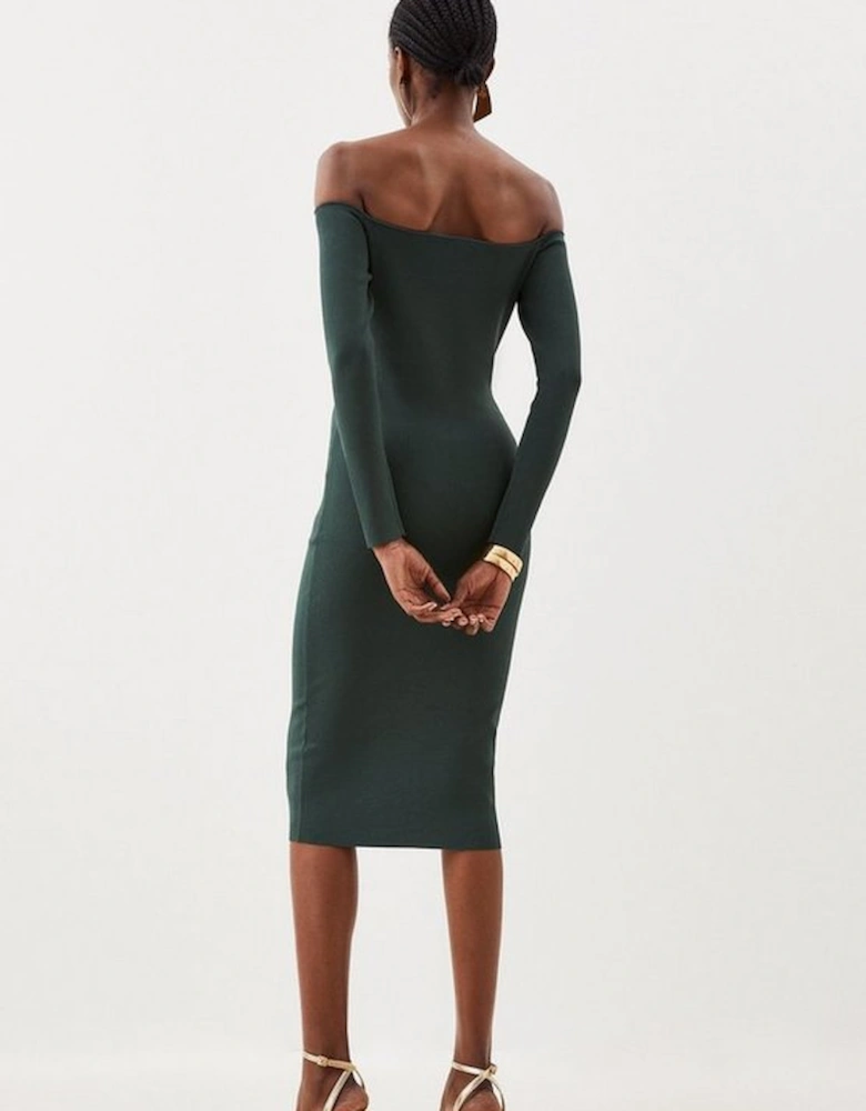 Premium Viscose Blend Body Contouring Bardot Knit Midi Dress
