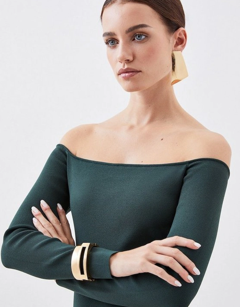 Petite Premium Viscose Blend Body Contouring Bardot Knit Midi Dress