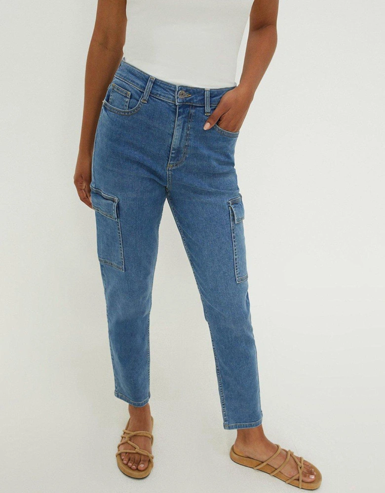 Cargo Mom Jeans - Mid Wash