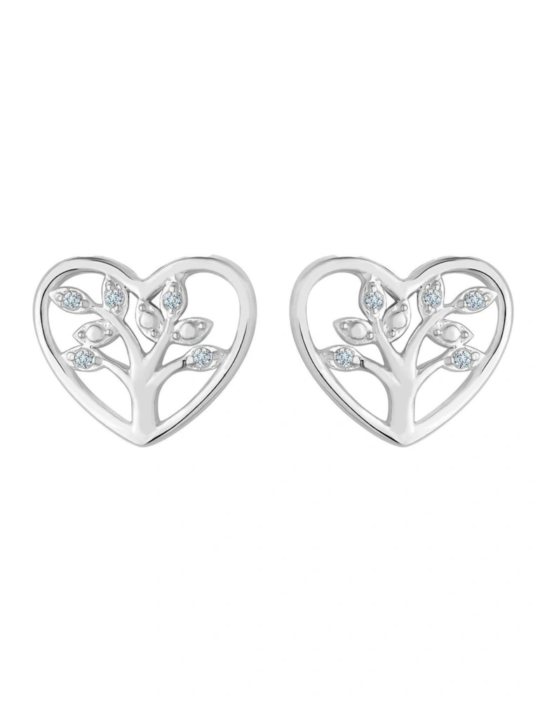 Sterling Silver 925 Tree of Love Heart Stud Earrings