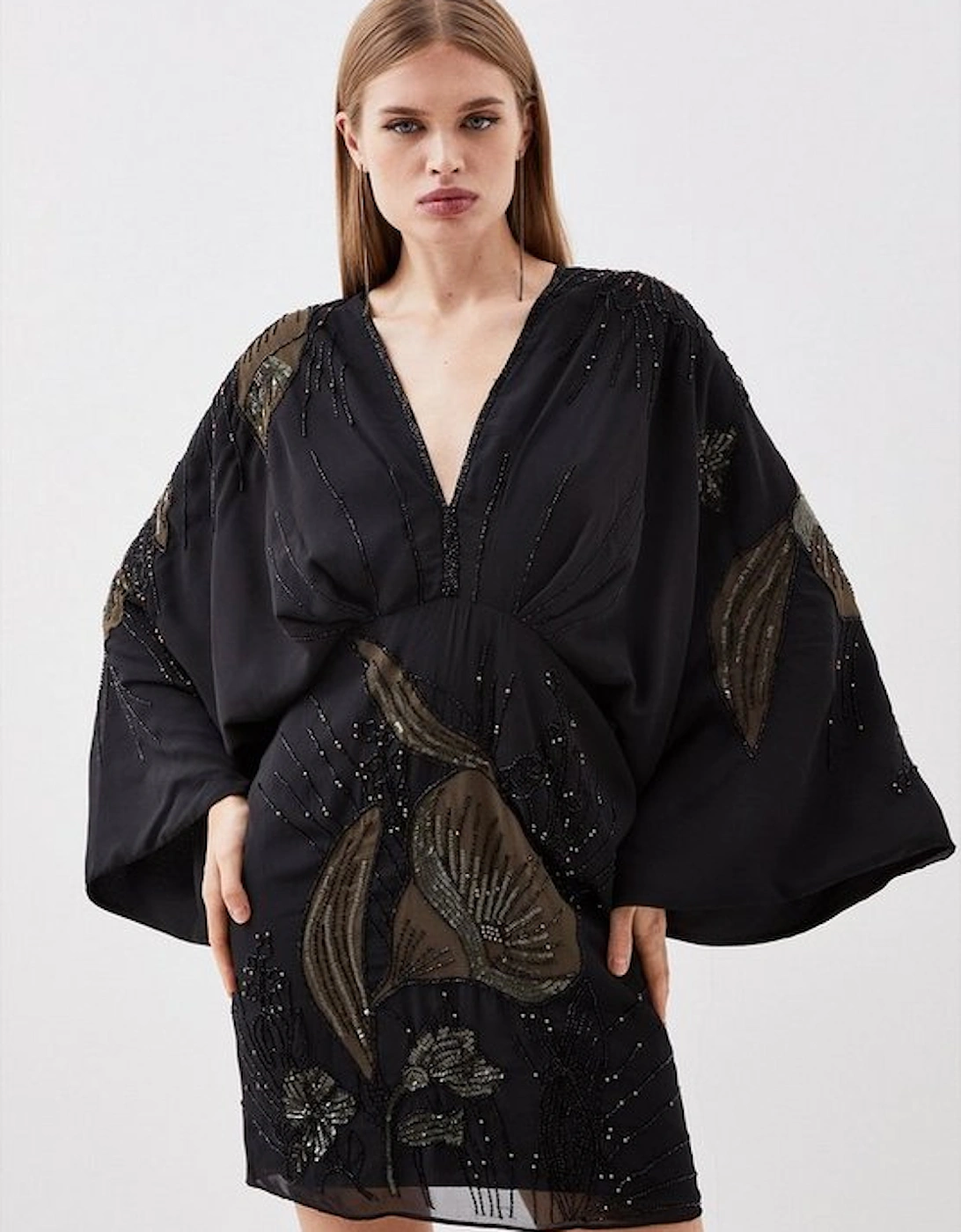 Plunge Embellished Woven Kimono Sleeve Mini Dress, 5 of 4