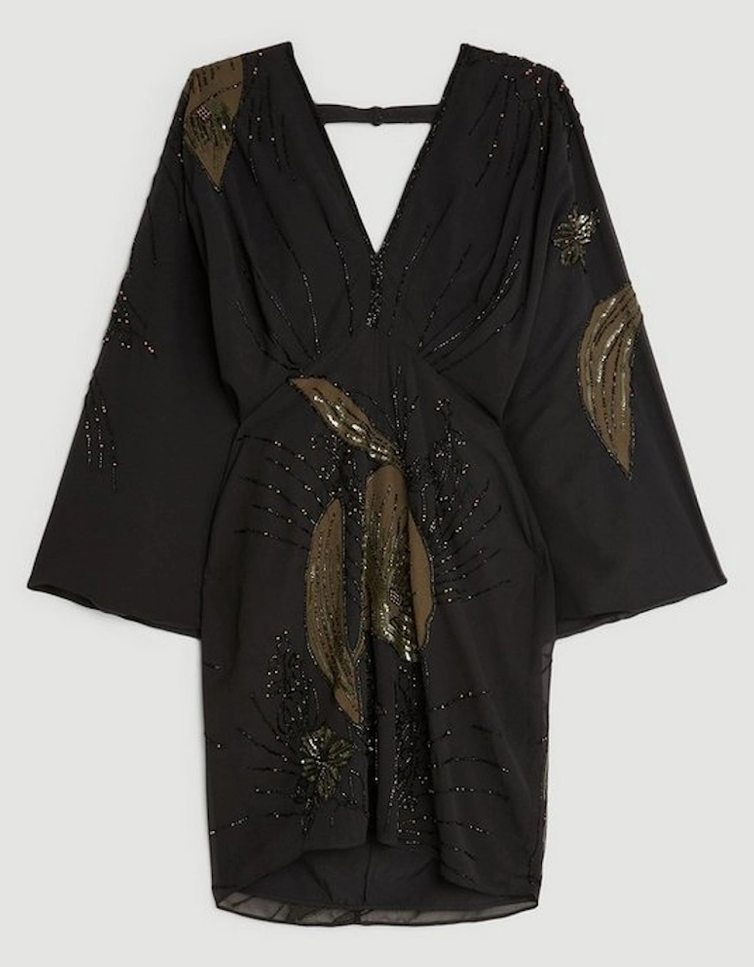 Plunge Embellished Woven Kimono Sleeve Mini Dress