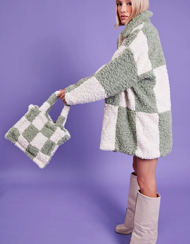Shearling Checkered Tote Bag in White and Green