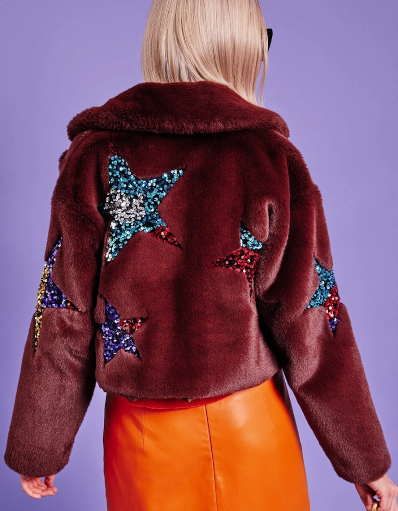 Brown Bamboo Faux Fur Sequins Star Jacket
