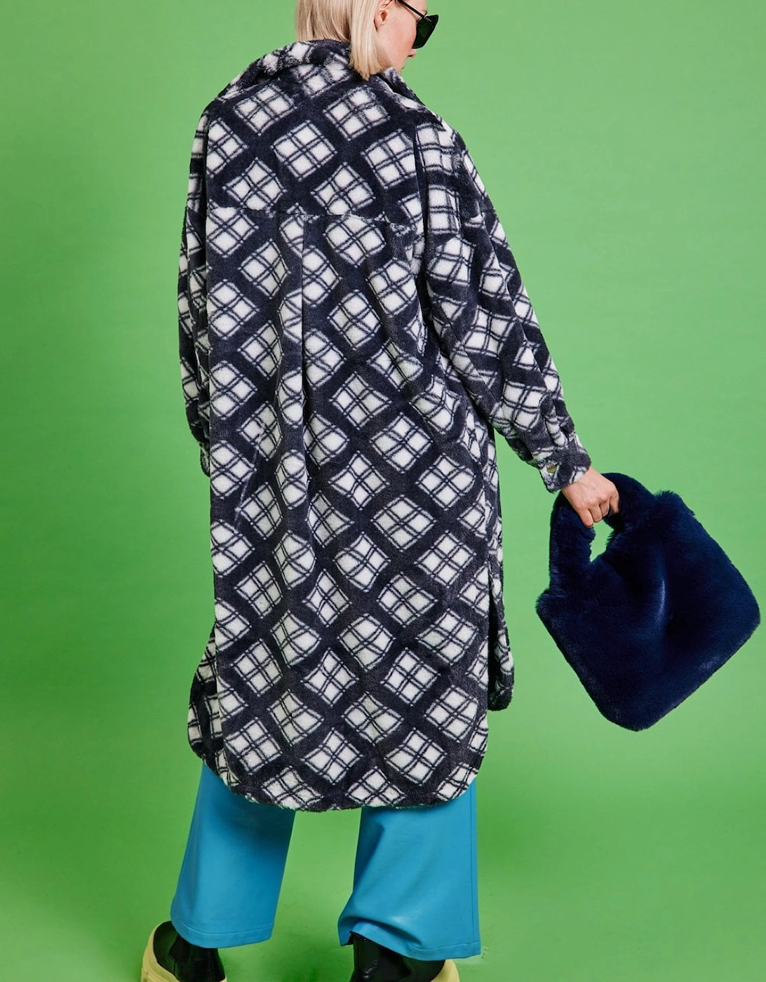 Navy Check Faux Shearling Coat