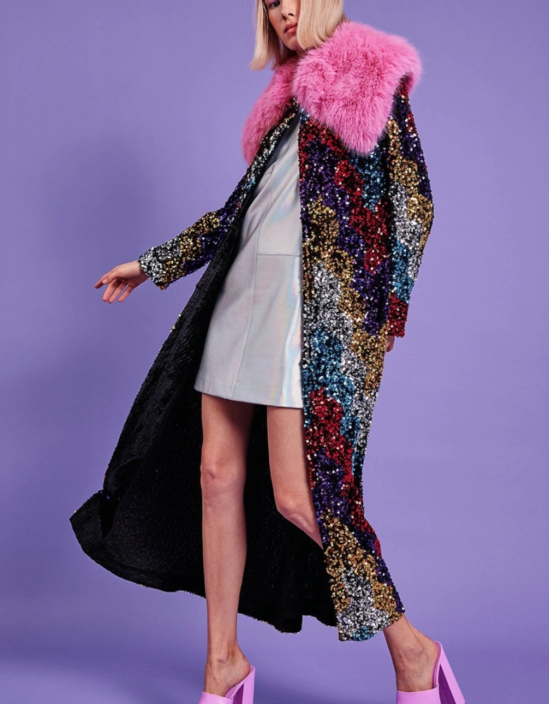 Black Sequin Velvet Trench Coat with Pink Faux Fur Collar