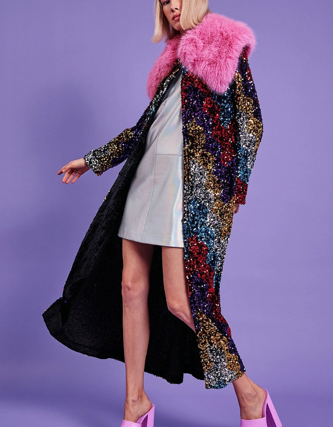 Black Sequin Velvet Trench Coat with Pink Faux Fur Collar