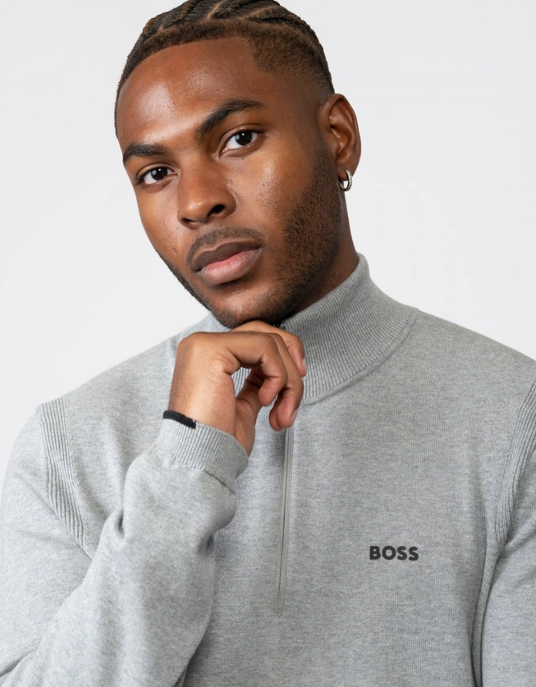 BOSS Green Ever-X Mens Cotton Blend Zip-Neck Sweater with Logo Print