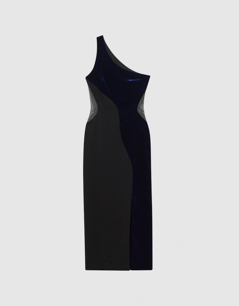 One-Shoulder Velvet-Satin Midi Dress