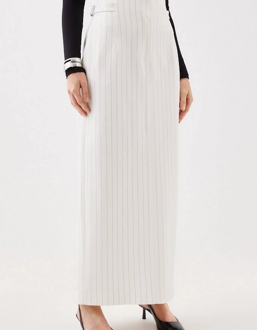 Tailored Compact Stretch Pinstripe High Waist Tab Detail Maxi Skirt