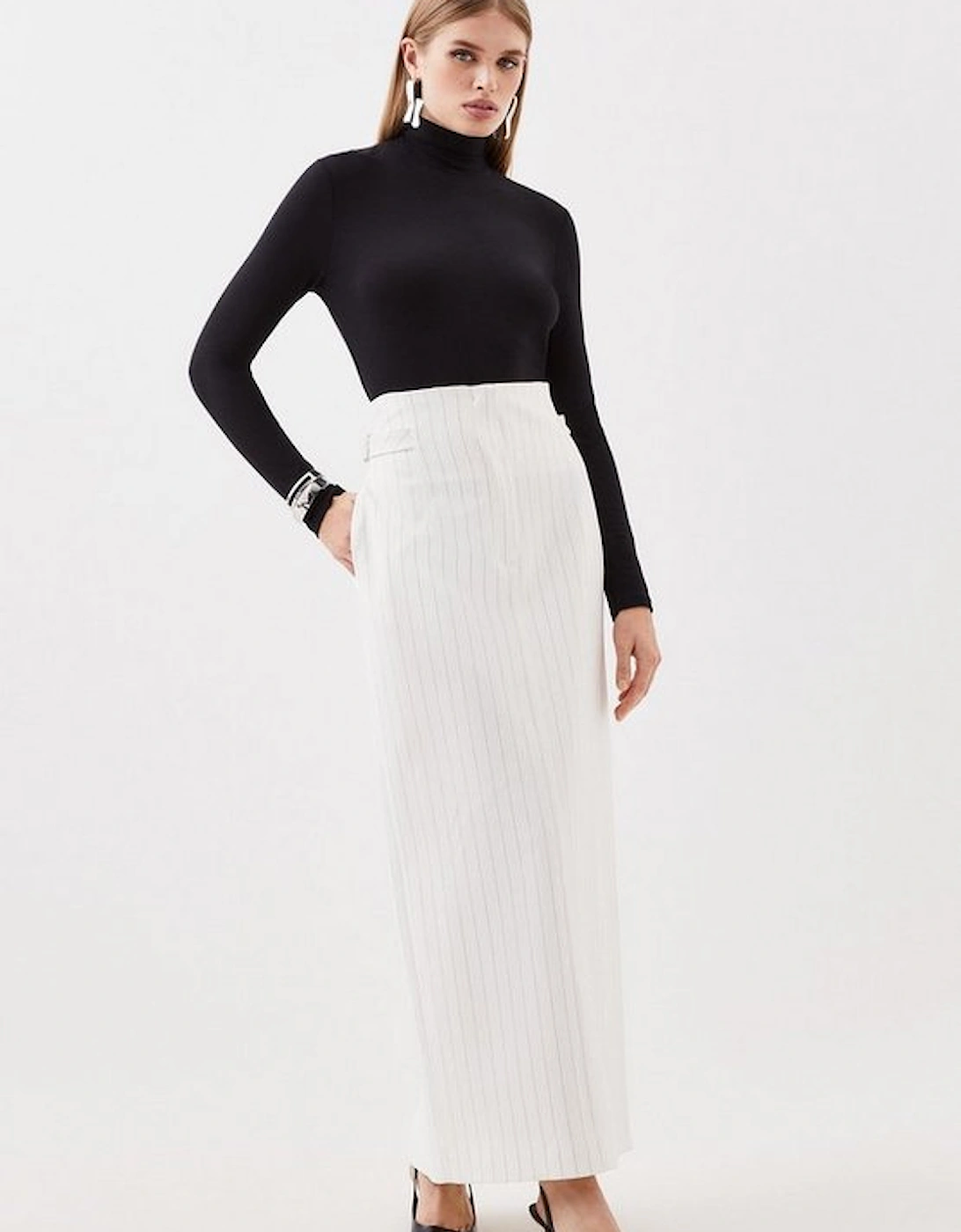 Tailored Compact Stretch Pinstripe High Waist Tab Detail Maxi Skirt, 5 of 4