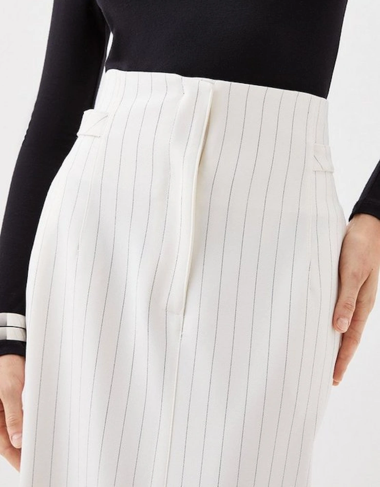 Tailored Compact Stretch Pinstripe High Waist Tab Detail Maxi Skirt
