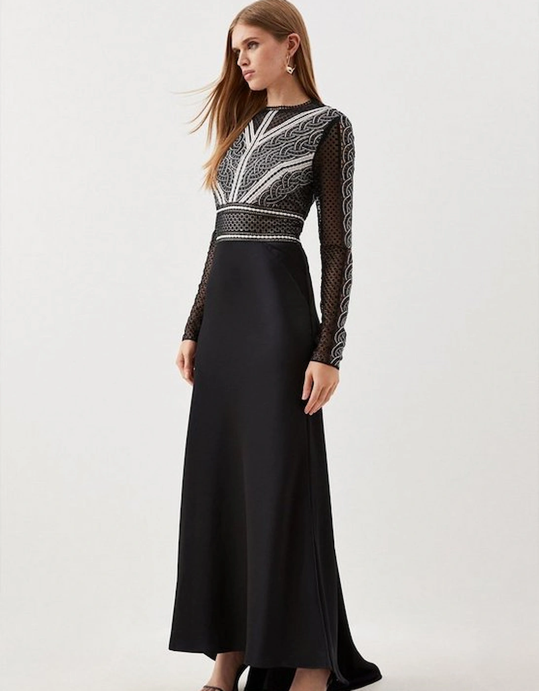 Petite Guipure Lace Satin Woven Maxi Dress