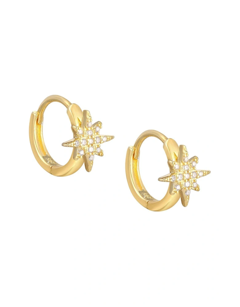 18ct Gold Plated Sterling Silver White CZ Star Burst Huggie Earrings