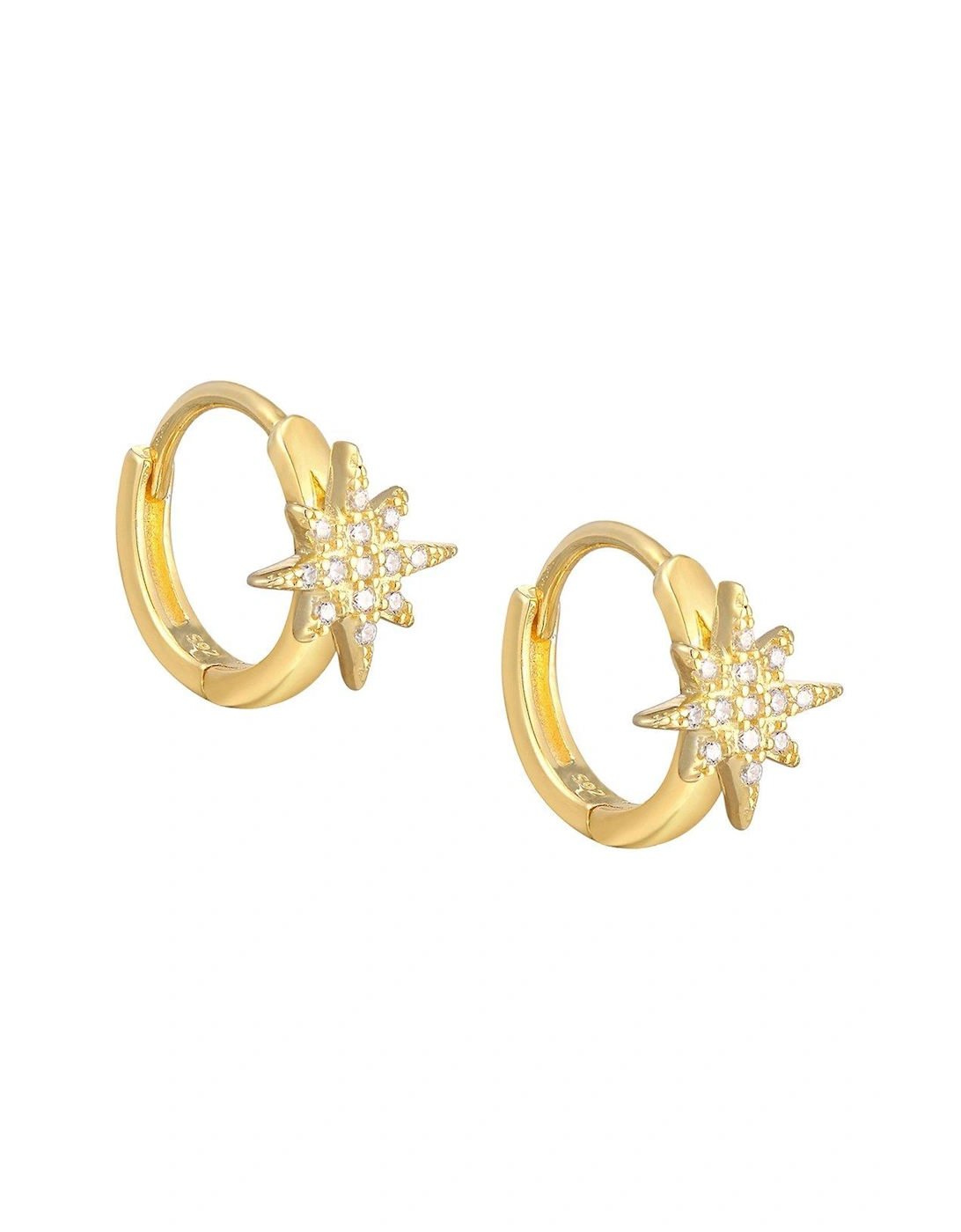 18ct Gold Plated Sterling Silver White CZ Star Burst Huggie Earrings, 2 of 1