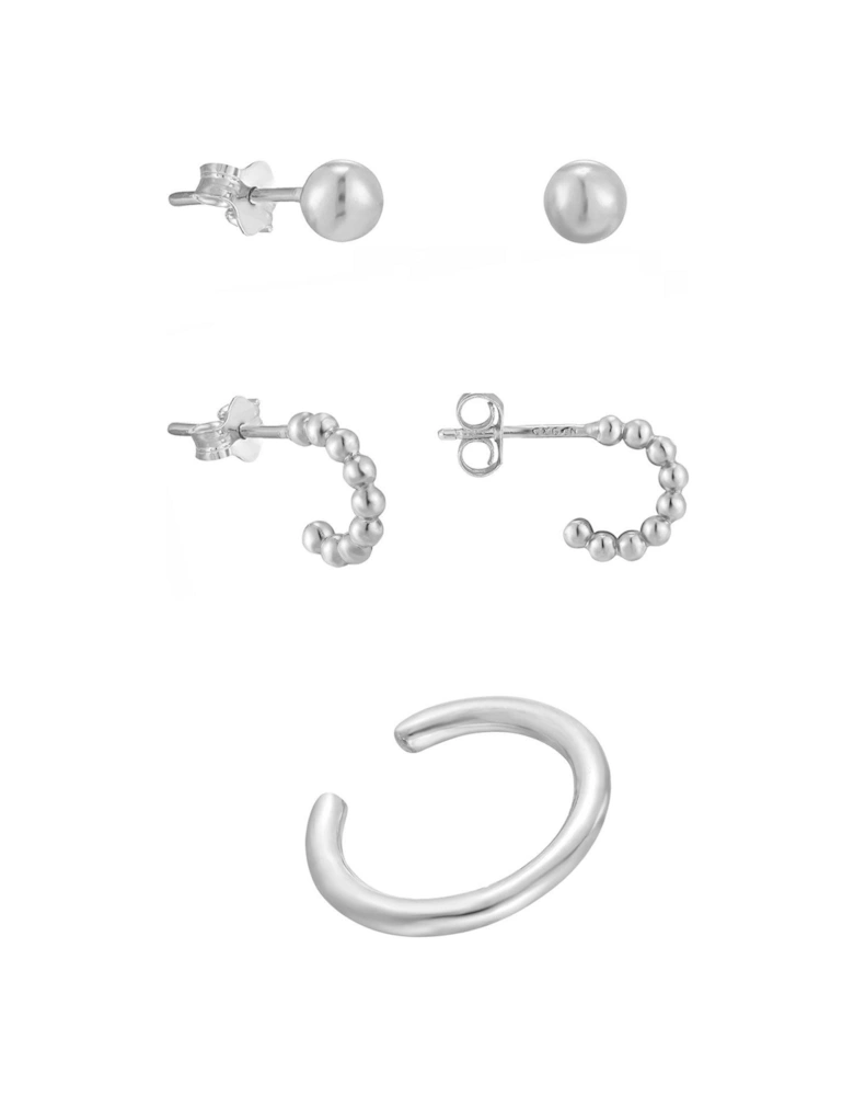 Sterling Silver Stud Hoops, 3mm Ball Studs and Cuff Set of Earrings