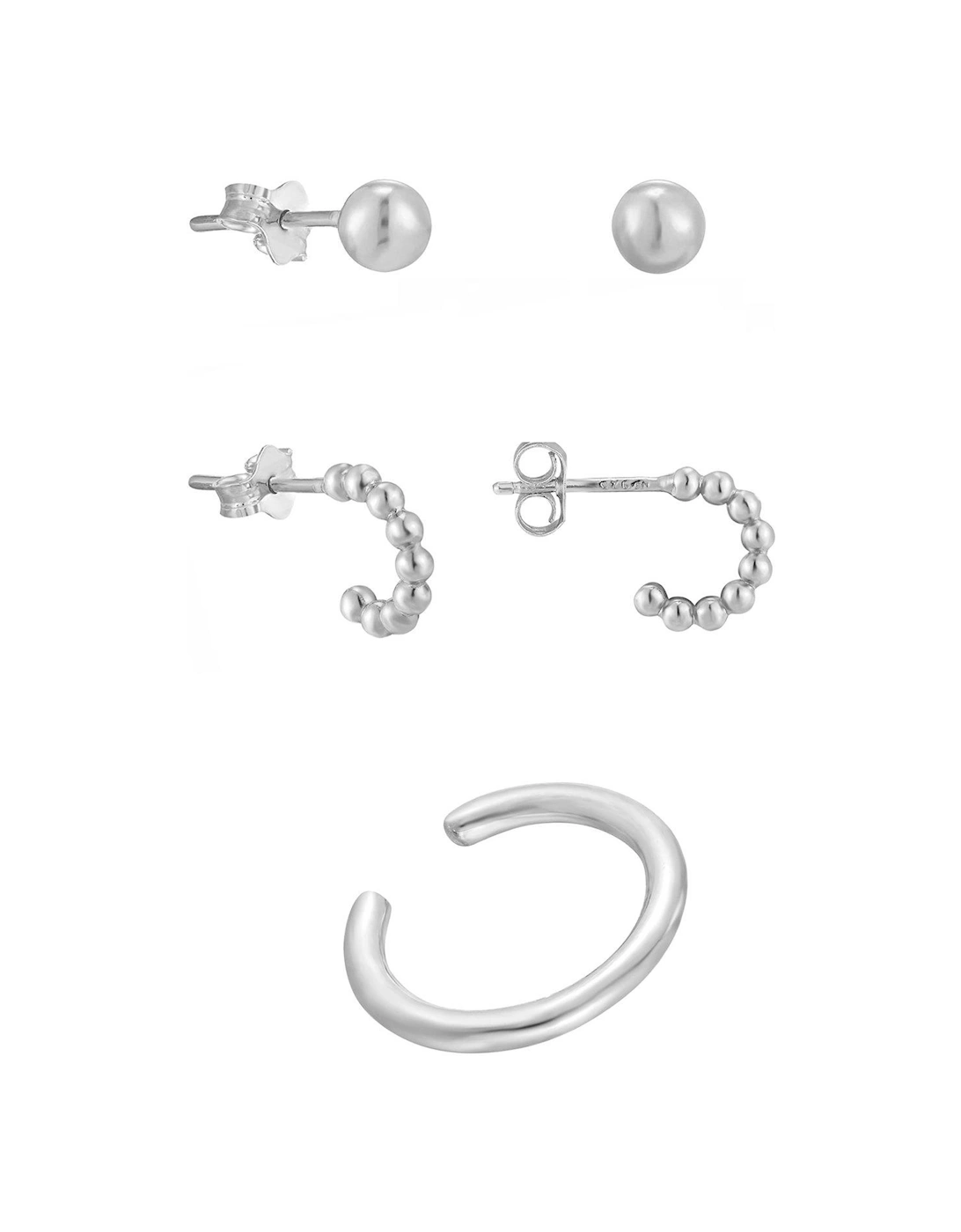 Sterling Silver Stud Hoops, 3mm Ball Studs and Cuff Set of Earrings, 3 of 2
