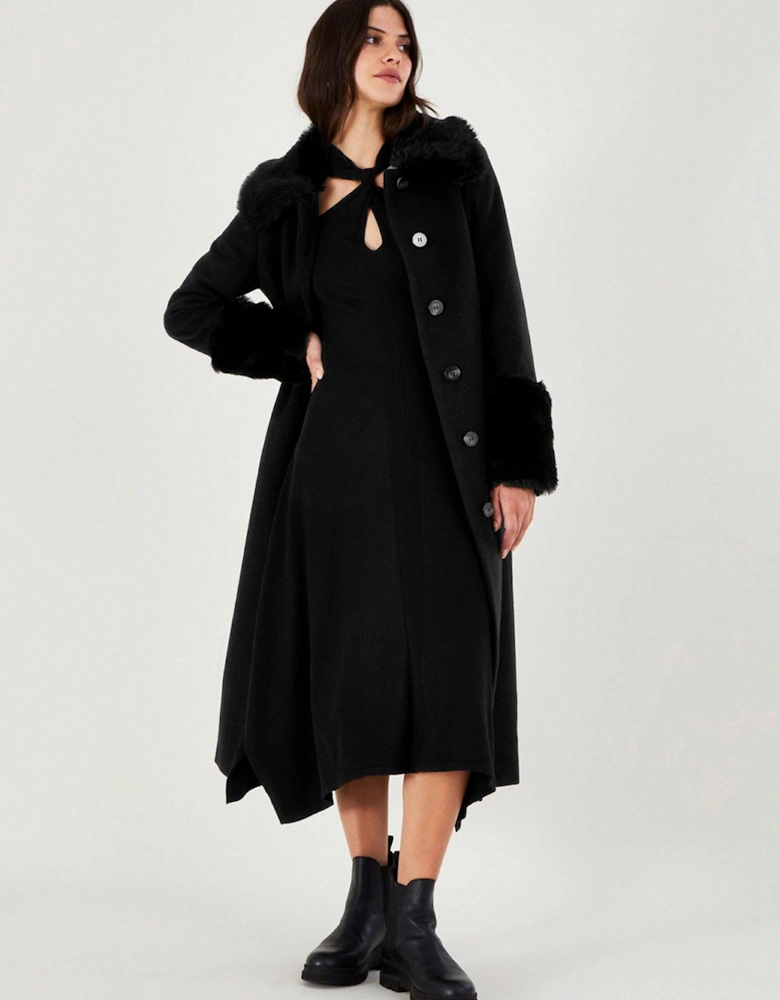 Felicity Faux Fur Trim Belted Wool Coat - Black