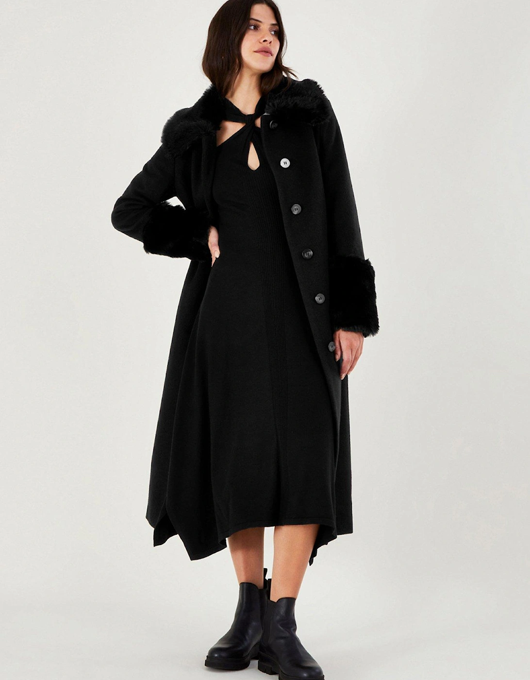 Felicity Faux Fur Trim Belted Wool Coat - Black, 2 of 1