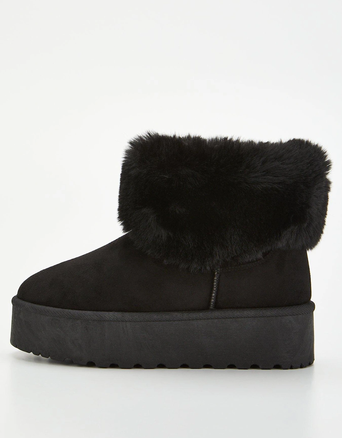 Flatform Faux Suede Ankle Boot With Faux Fur Collar - Black, 7 of 6
