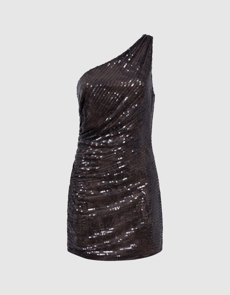 Halston Gold Sequin One Shoulder Mini Dress