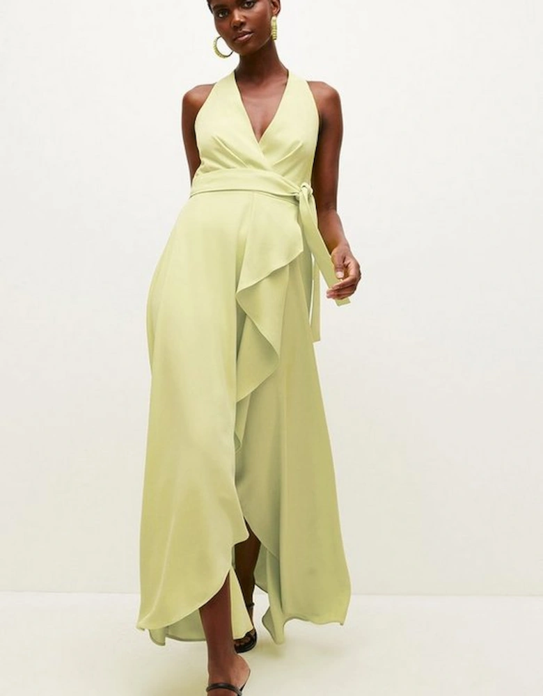 Soft Tailored Waterfall Halter Maxi Dress