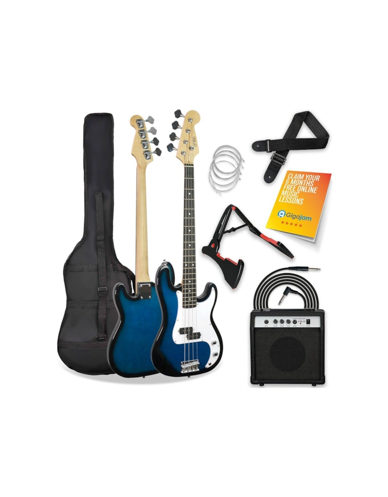 Full Size Bass Guitar Ultimate Kit with 15W Amp - 6 Months FREE Lessons - Blueburst