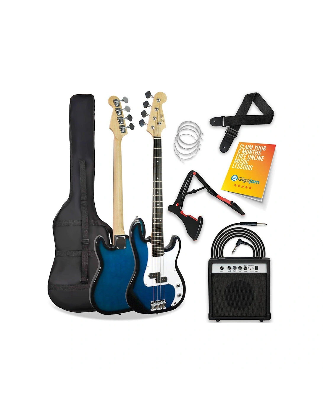 Full Size Bass Guitar Ultimate Kit with 15W Amp - 6 Months FREE Lessons - Blueburst, 2 of 1