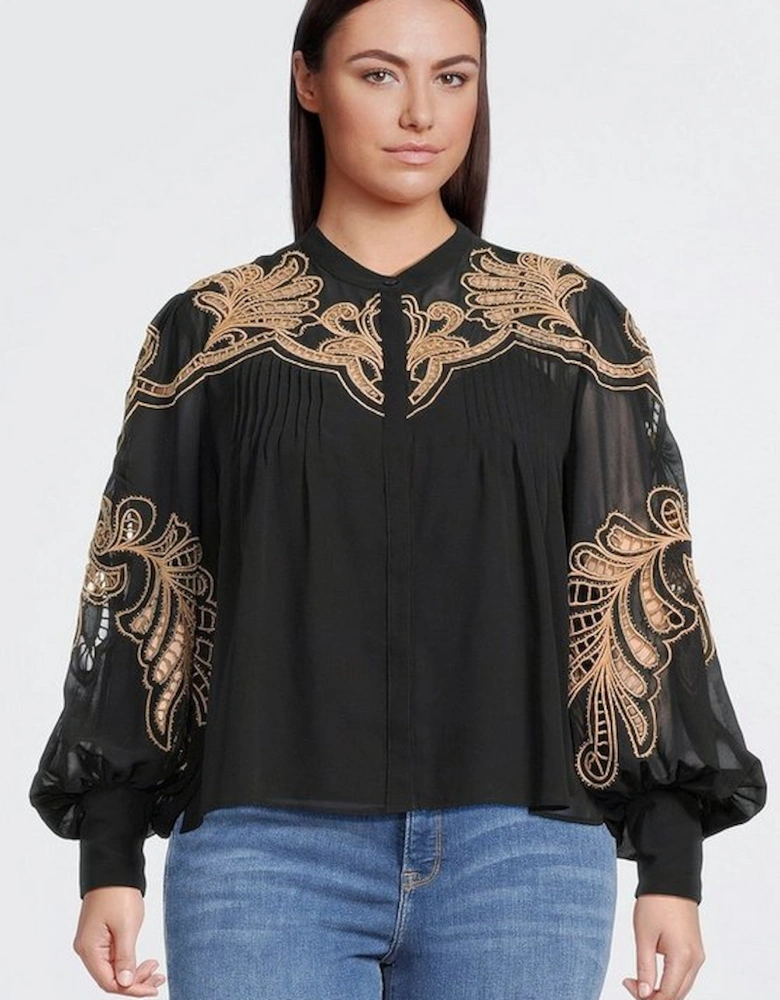 Plus Size Cutwork Embroidered Woven Blouse