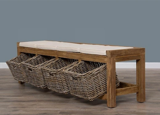 Reclaimed Teak Hall Seat with Natural Cushion - Four Basket