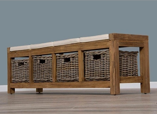 Reclaimed Teak Hall Seat with Natural Cushion - Four Basket