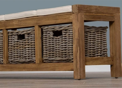 Reclaimed Teak Hall Seat with Natural Cushion - Four Basket