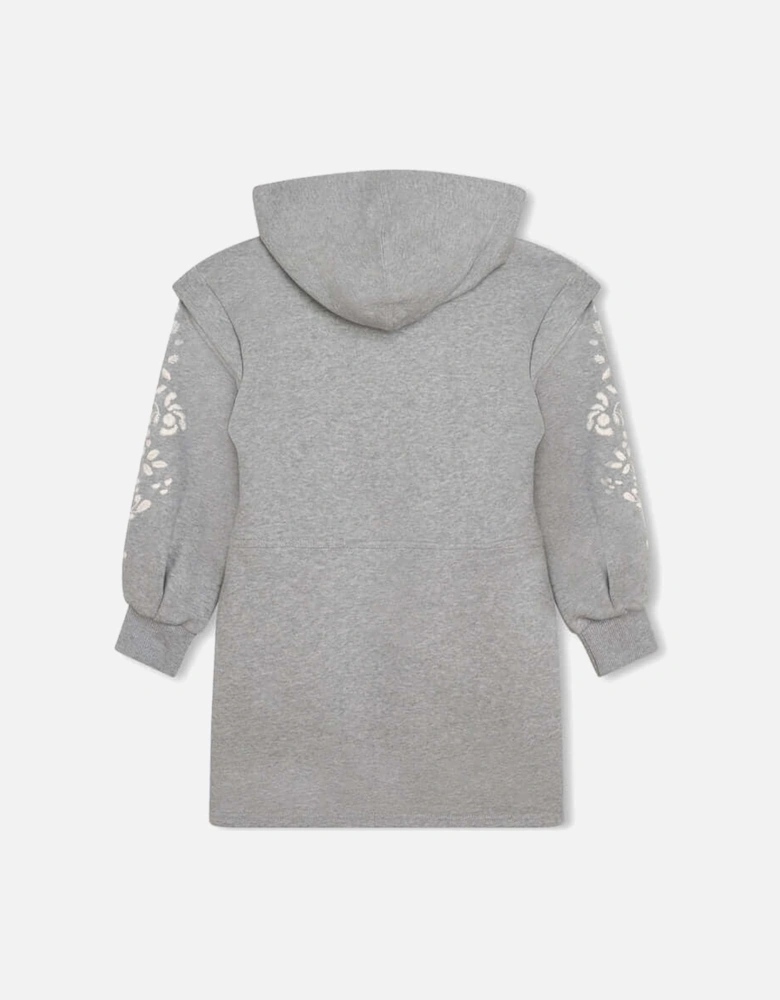 Girls Grey Floral Fleece Hooded Dress